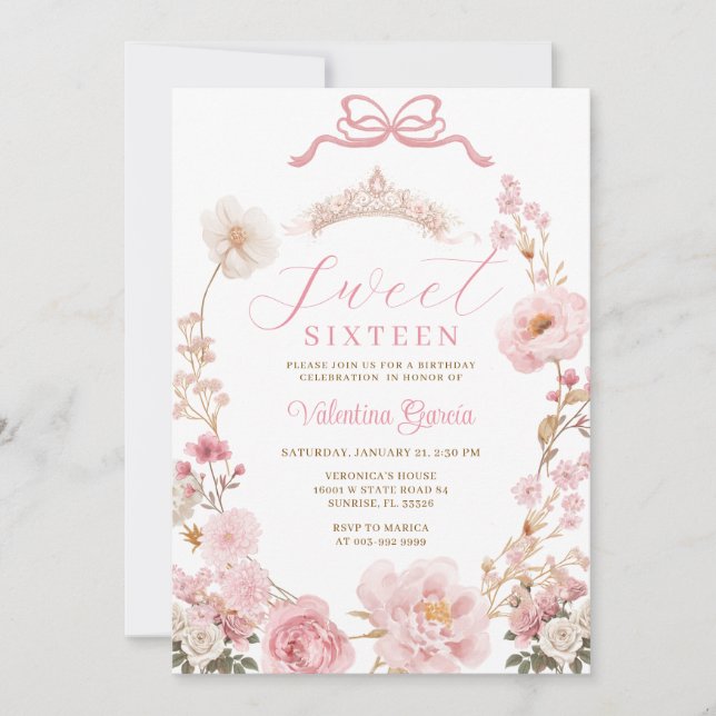 Invitación Cumpleaños Princesa Rosa Rubor Arco Dulces Diecisé (Anverso)