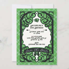 Invitación Cumpleaños Princesa Rosa Verde y Negra con Puerta