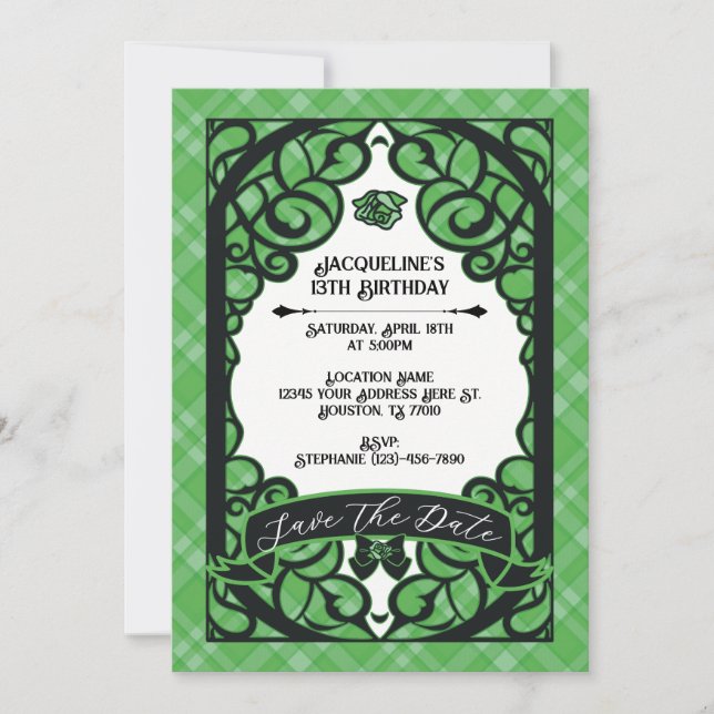 Invitación Cumpleaños Princesa Rosa Verde y Negra con Puerta (Anverso)