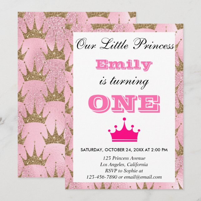 Invitación Cumpleaños Princesa Rosa y Dorado Brillante (Anverso / Reverso)