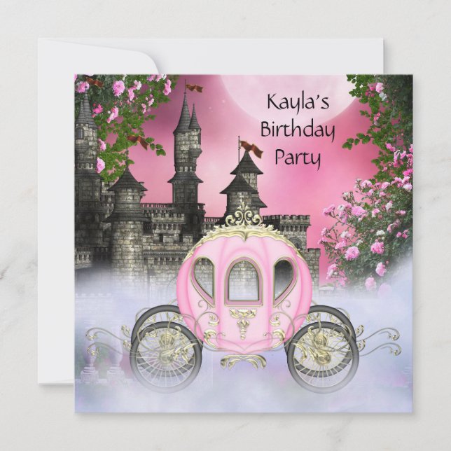 Invitación Cumpleaños Princesa Rosas Rosadas Carruaje (Anverso)