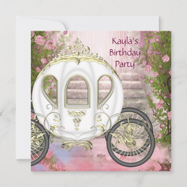 Invitación Cumpleaños Princesa Rosas Rosadas Carruaje (Anverso)