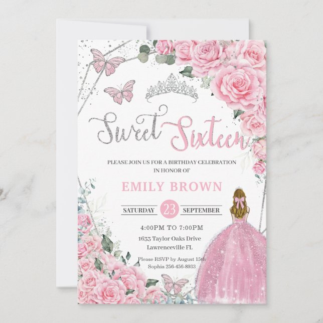 Invitación Cumpleaños Princesa Rubia Floral Rosa Dulces 16 (Anverso)