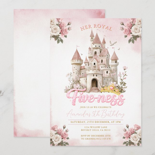 Invitación Cumpleaños Princesa Su Alteza Cinco Rosa (Anverso / Reverso)