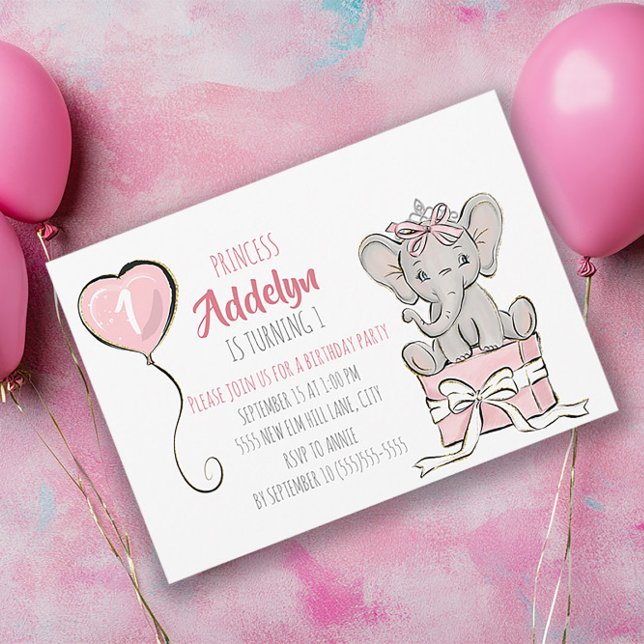 Invitación Cumpleaños Princesa Tiara Elefante Globo Rosa 1 (Baby elephant little girl's 1st birthday party invitation formatted horizontally)