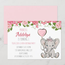 Invitación Cumpleaños Princesa Tiara Elefante Rosa Floral 1