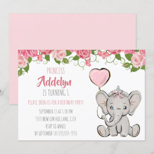 Invitación Cumpleaños Princesa Tiara Elefante Rosa Floral 1