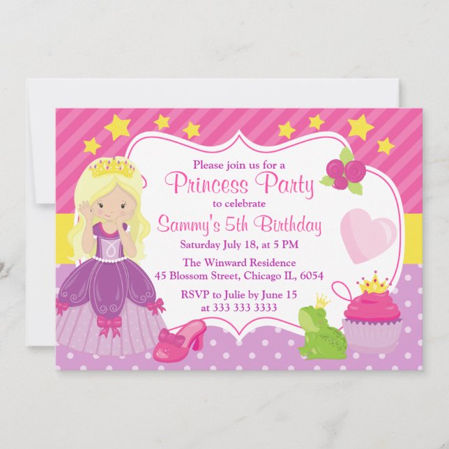 Invitación cumpleaños Princesa y accesorios de cabello rubio (Anverso)