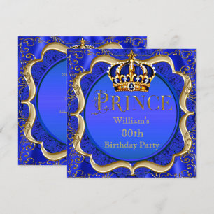 Invitación Cumpleaños Príncipe Azul Real Corona Dorada Hombre