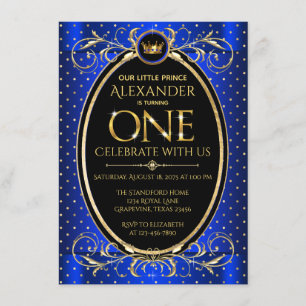 Invitación Cumpleaños Príncipe Azul Real y Dorado 1er