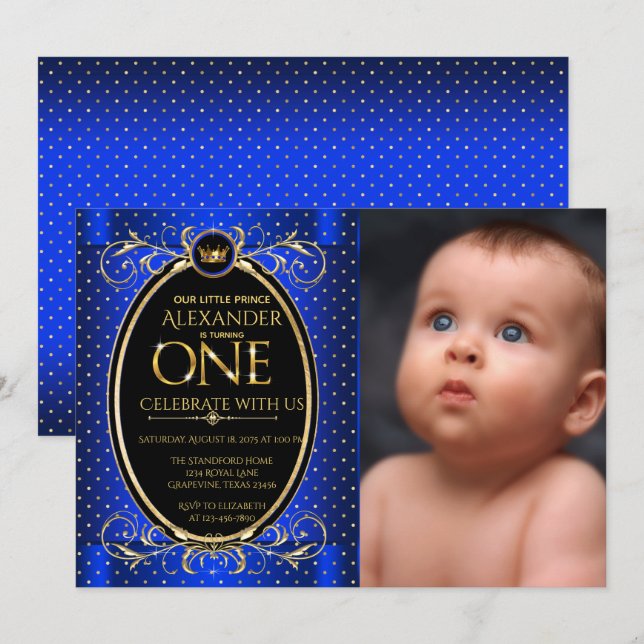 Invitación Cumpleaños Principe Foto Azul Royal Oro Primera Fi (Anverso / Reverso)