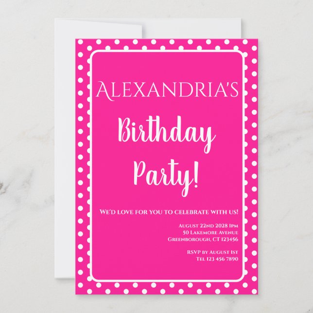 Invitación Cumpleaños Puntos modernos de Polka Rosada Calient (Anverso)