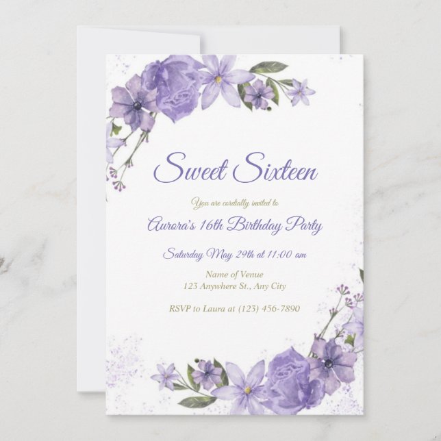 Invitación Cumpleaños Purple Floral (Anverso)
