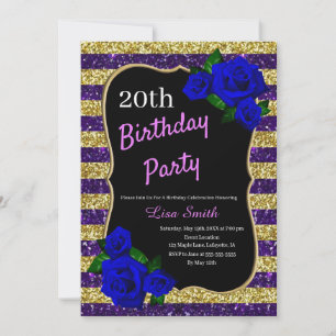 Invitación Cumpleaños Purple Gold Stripes Purpurina Deep Blue