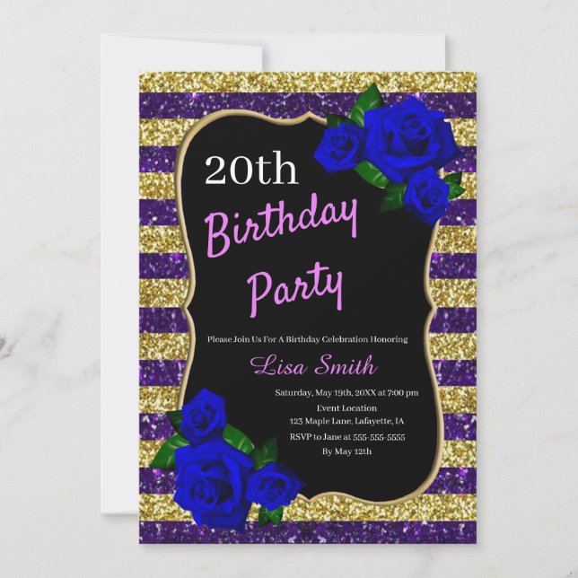 Invitación Cumpleaños Purple Gold Stripes Purpurina Deep Blue (Anverso)
