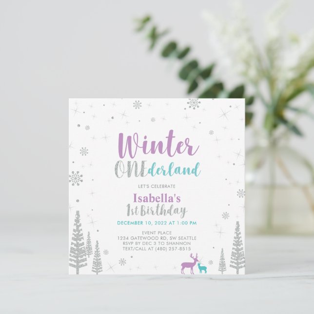 Invitación Cumpleaños Purple Green Winter Onederland 1er Prim (Anverso de pie)