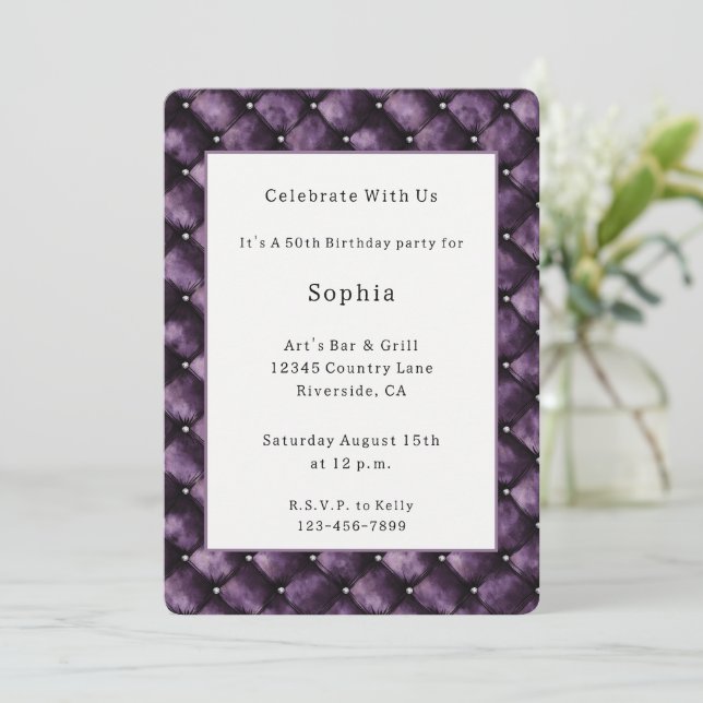 Invitación Cumpleaños Purple Royal Squares (Anverso de pie)