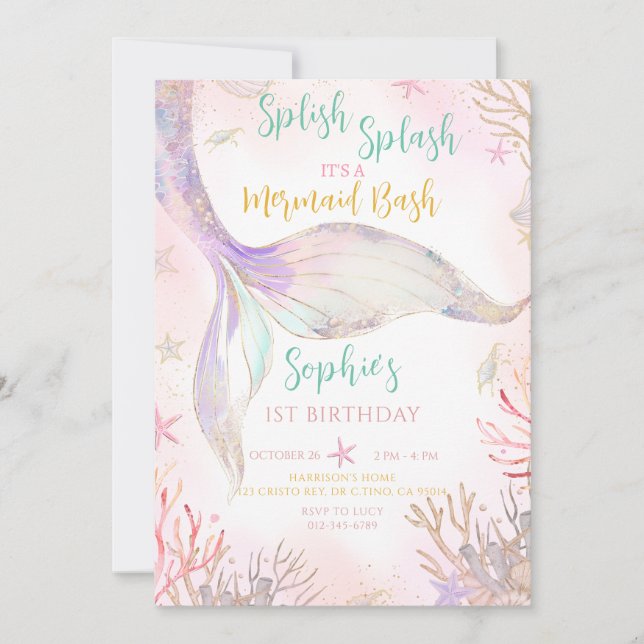 Invitación Cumpleaños Púrpura Púrpura Rosa De La Mermaid Tail (Anverso)