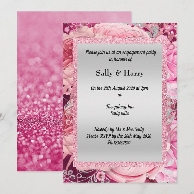 INVITACIÓN CUMPLEAÑOS PURPURINA DE BOUQUET DE FLORAL ROSA (Anverso / Reverso)