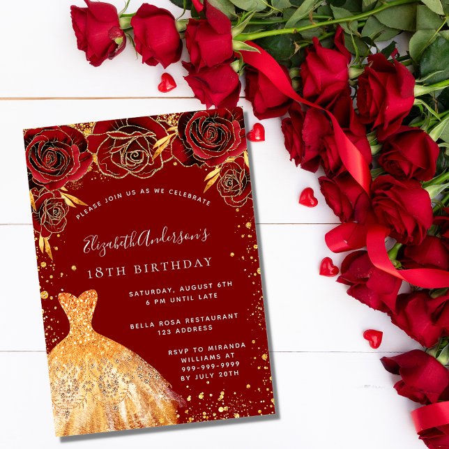 Invitación Cumpleaños purpurina de oro rojo vestido glamoroso (Subido por el creador)