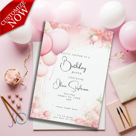 Invitación Cumpleaños QR Acuarela Shabby Chic Rosa