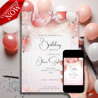 Invitación Cumpleaños QR Coral Floral Peonías