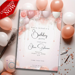 Invitación Cumpleaños QR Coral Flores y Globos