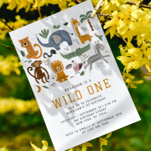 Invitación Cumpleaños QR del Salvaje Uno Safari Animales