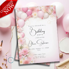 Invitación Cumpleaños QR Globos Rosados y Margaritas