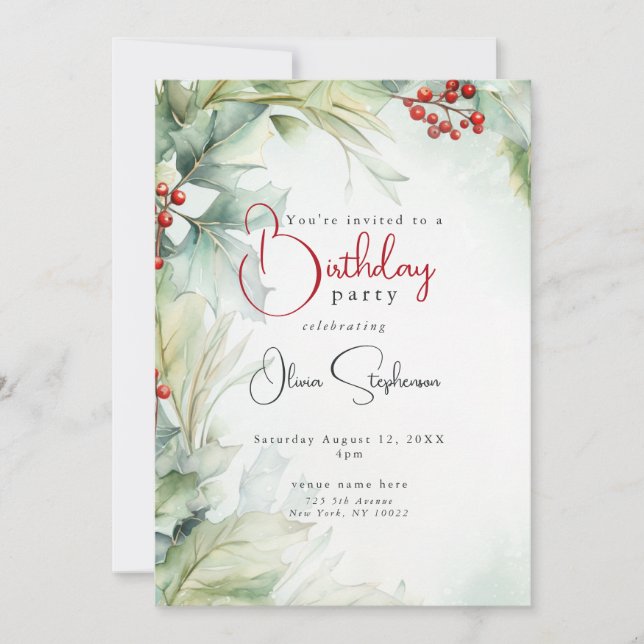 Invitación Cumpleaños QR Invierno Acebo y Bayas (Anverso)
