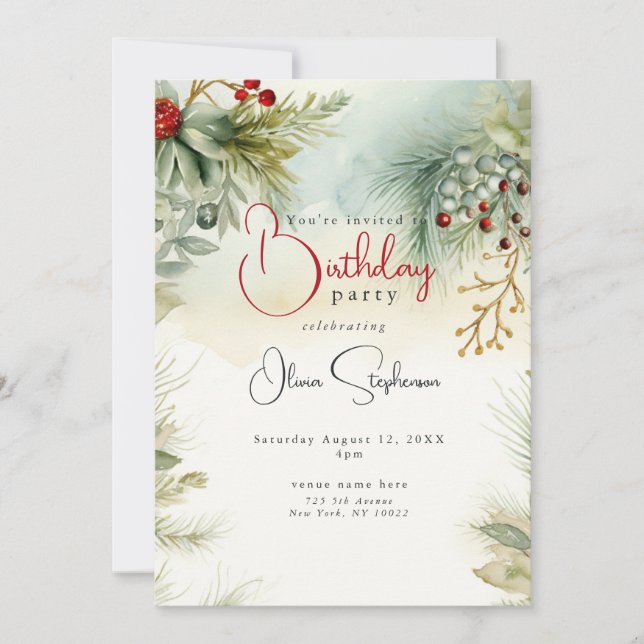 Invitación Cumpleaños QR Invierno Acuarela Botánica  (Anverso)