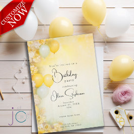 Invitación Cumpleaños QR Vibrante Floral Amarillo Limón