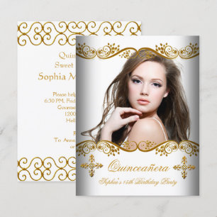 Invitación Cumpleaños Quinceañera 15 Dorado Blanco Encaje Fot