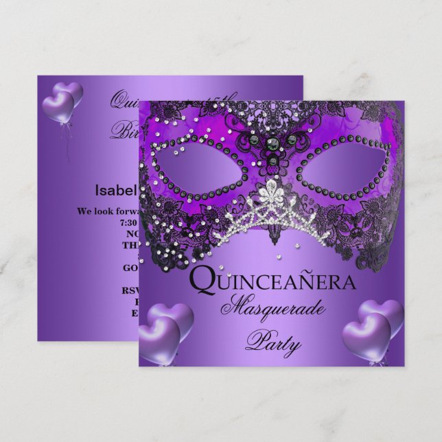 Invitación Cumpleaños Quinceañera 15 Morado Mascarada (Anverso / Reverso)