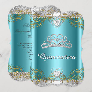 Invitación Cumpleaños Quinceañera Azul Verde Plateado Dorado 