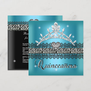 Invitación Cumpleaños Quinceañera Cebra Azul Turquesa Negro B