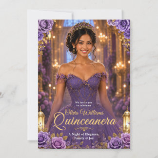 Invitación Cumpleaños Quinceañera de Morado y Dorado Real 