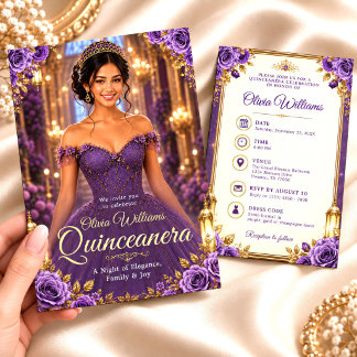 Invitación Cumpleaños Quinceañera de Morado y Dorado Real 