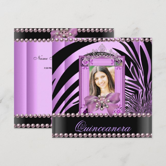 Invitación Cumpleaños Quinceañera Fiesta Cebra Lila Perla (Anverso / Reverso)