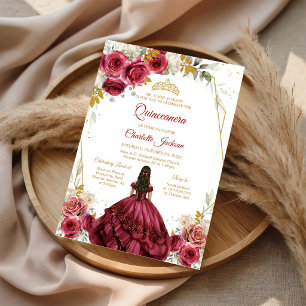 Invitación Cumpleaños Quinceañera Floral Rojo Borgoña