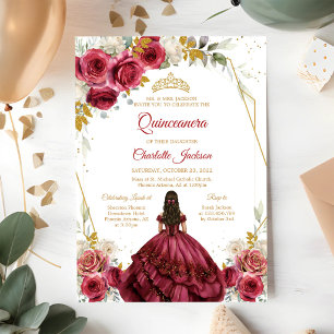 Invitación Cumpleaños Quinceañera Floral Rojo Borgoña