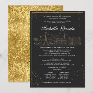 Invitación Cumpleaños Quinceañera Las Vegas Brillo Dorado