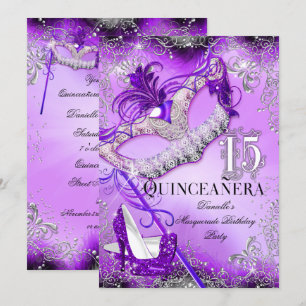 Invitación Cumpleaños Quinceañera Máscara de Purpurina Púrpur