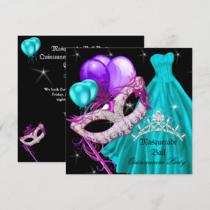 Invitación Cumpleaños Quinceañera Mascarada Azul Teal Morado