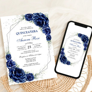 Invitación Cumpleaños Quinceañera Mis Quince Azul Oro Plata