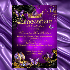 Invitación Cumpleaños Quinceañera morado Mariposa negra dorad