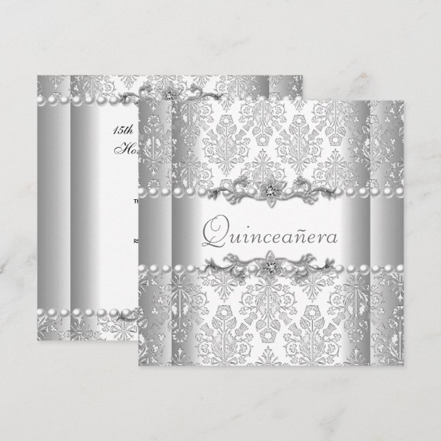 Invitación Cumpleaños Quinceañera Plata Blanco Perla Encaje (Anverso / Reverso)