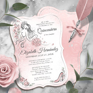 Invitación Cumpleaños Quinceañera Princesa Rosa Plateado