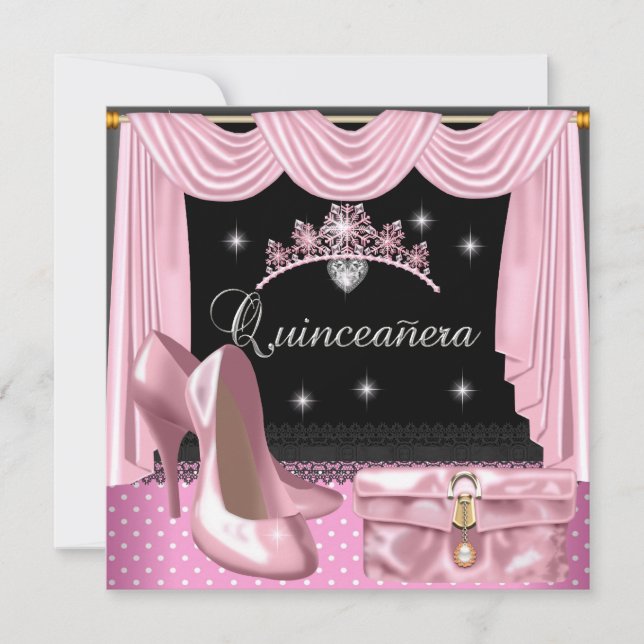 Invitación Cumpleaños Quinceañera Rosa Negro Blanco (Anverso)