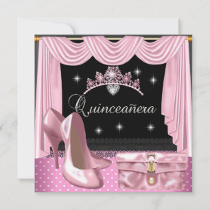 Invitación Cumpleaños Quinceañera Rosa Negro Blanco